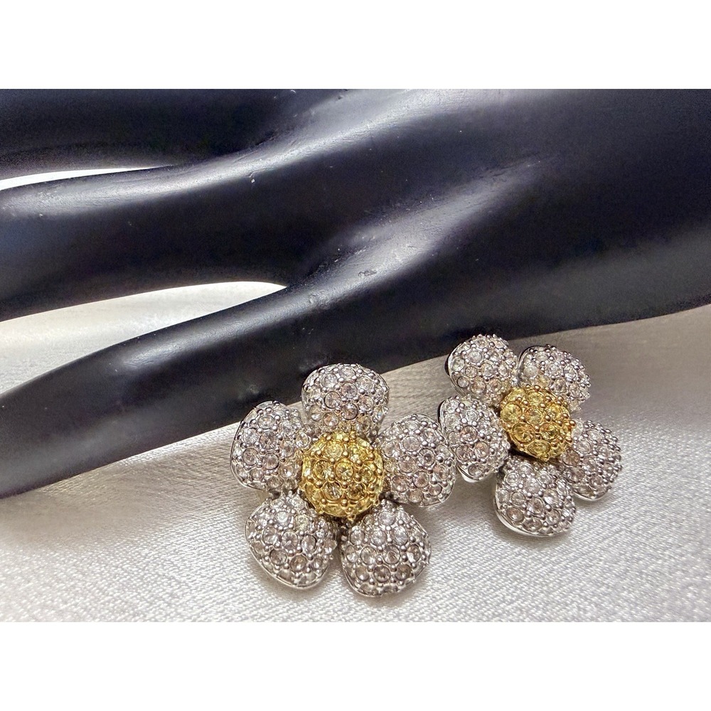 Vintage Carucci Clear & Yellow Rhinestones Flower Earrings